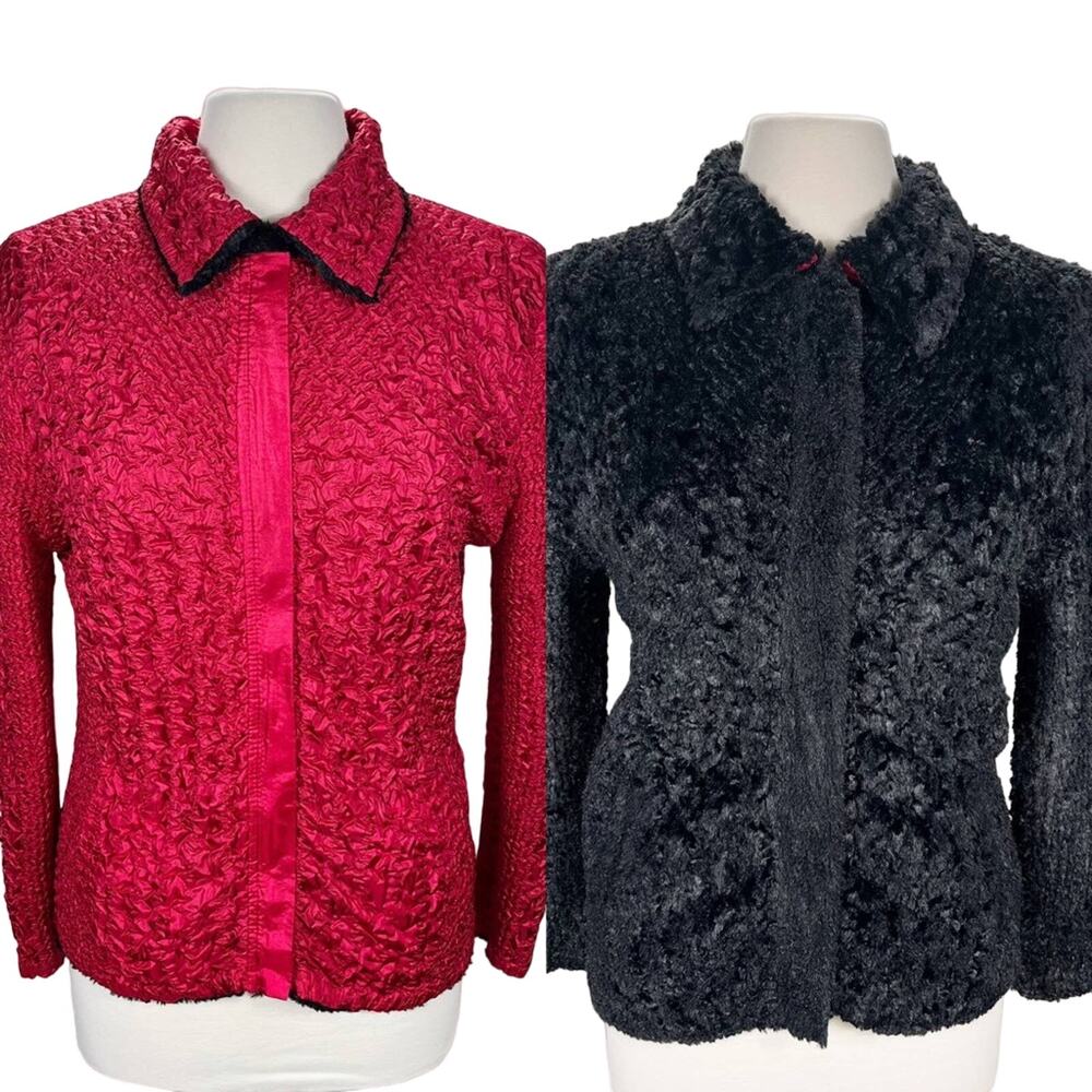 UBU‎ Black Faux Fur Red Shiny/Metallic Crinkled Reversible 90s Jacket Vintage